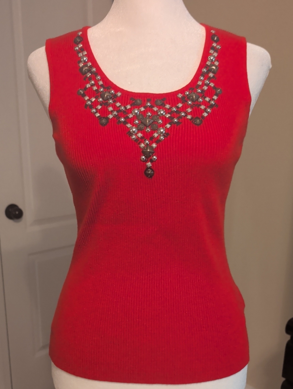 Ruby Rd Embellished Red Sleeveless Ribbed  Knit Top